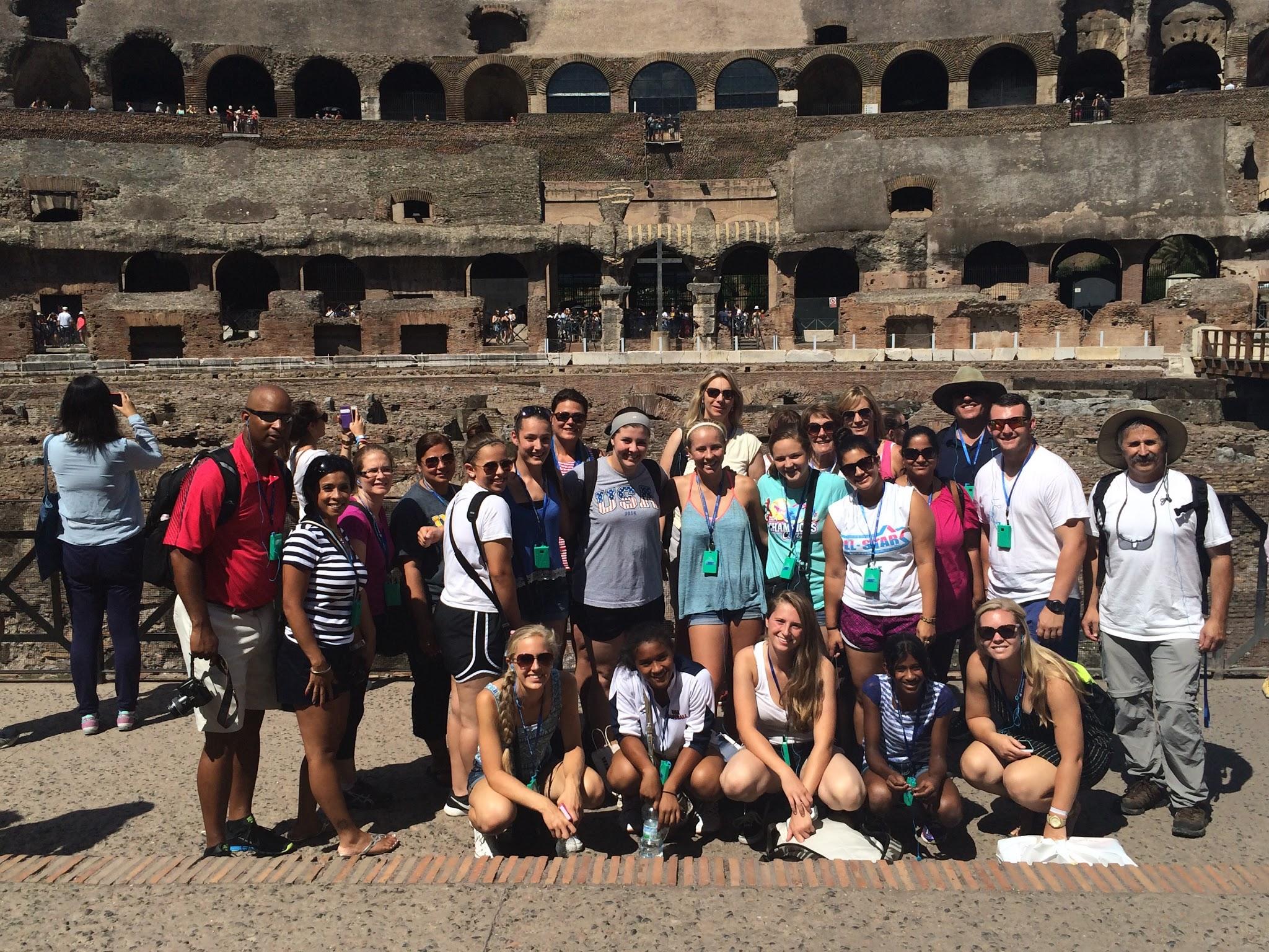 Travelers near the Colosseum during an international tour